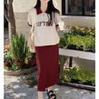 Short-sleeve Lettering Zip Polo Shirt / Slit Midi Skirt