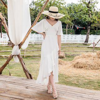 Short-sleeve V-neck Ruffle-hem Midi A-line Dress