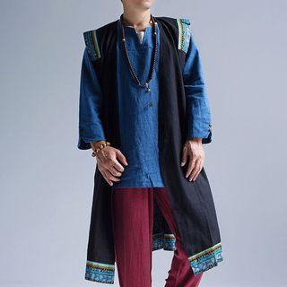 Patterned Trim Open Front Long Vest