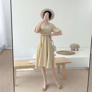 Plaid Puff-sleeve Square-collar Dress