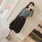 Set: Long-sleeve Striped Cutout Top + Denim Midi Skirt