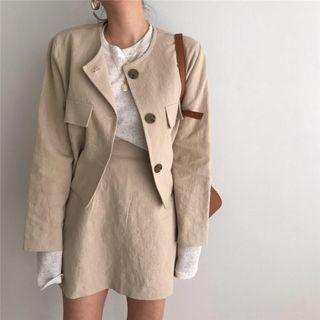 Round Neck Cropped Button Jacket / Plain Mini Pencil Skirt
