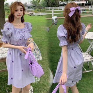 Flower Embroidered Puff-sleeve Mini A-line Dress As Shown In Figure - One Size