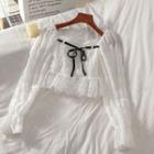 Long-sleeve Color Block Bow Lace Shirt White - One Size