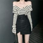 Set: Off-shoulder Striped Top + Faux-leather Skirt