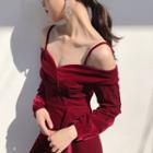 Asymmetric Cold-shoulder Velvet Ruffled A-line Dress