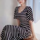 Striped Bell-sleeve Maxi Sheath Knit Dress
