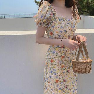 Floral Ruffle Trim Puff-sleeve Midi A-line Dress