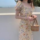 Floral Ruffle Trim Puff-sleeve Midi A-line Dress