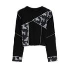 Print Contrast Stitching Knit Top Black - One Size