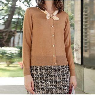 Long-sleeve Tie-neck Knit Top Khaki - One Size