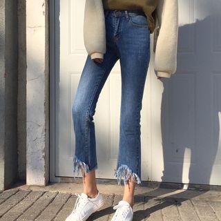 Fringed-hem Cropped Boot-cut Jeans