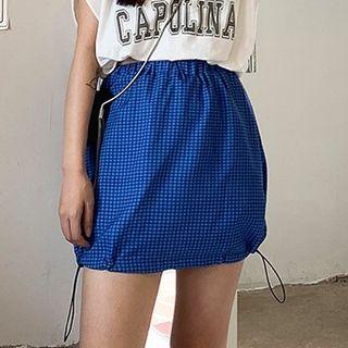 Plaid Drawstring Mini Pencil Skirt Blue - One Size