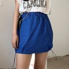 Plaid Drawstring Mini Pencil Skirt Blue - One Size
