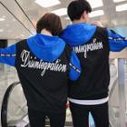 Couple Matching Color Block Lettering Hooded Zip Jacket