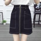 Front-zip Mini A-line Denim Skirt