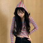 Striped V-neck Cropped Hooded T-shirt