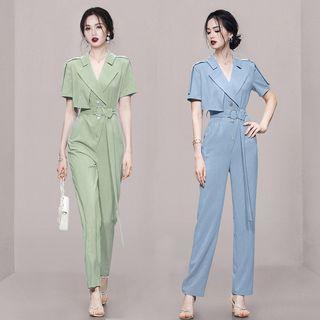 Elbow-sleeve Notch Lapel Straight Leg Jumpsuit