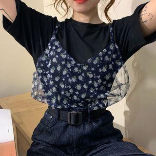 T-shirt / Spaghetti Strap Floral Mesh Top
