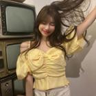 Spaghetti Strap Puff-sleeve Frilled Blouse