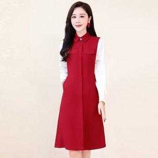 Two-tone Panel Button-up Midi A-line Dress