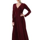 Long-sleeve V-neck Velvet Maxi A-line Dress