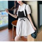 Set: Short-sleeve Plain Mini A-line Shirt Dress + Cropped Camisole Top