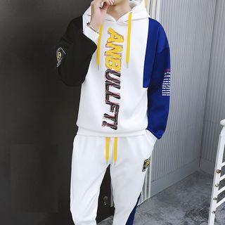 Set: Color Block Lettering Drawstring Hoodie + Sweatpants