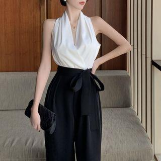 Satin Halter Top / High Waist Knotted Wide Leg Pants