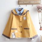 Bear Embroidered Hooded Button Jacket / Mock Two-piece Cat Print Pullover / Set