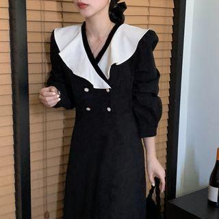 Puff-sleeve Double-breasted Midi A-line Dress Black - One Size