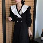 Puff-sleeve Double-breasted Midi A-line Dress Black - One Size