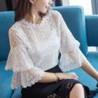 Set: Layered Elbow-sleeve Lace Top + Camisole Top