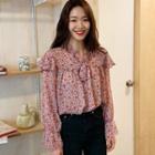 Tie-neck Floral Print Blouse As Shown In Figure - One Size