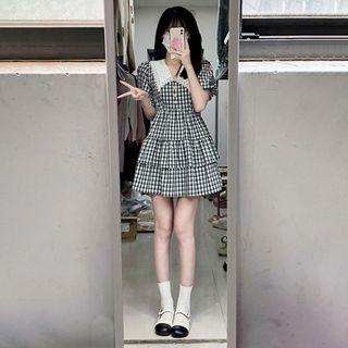 Short-sleeve Plaid Tiered Mini Dress
