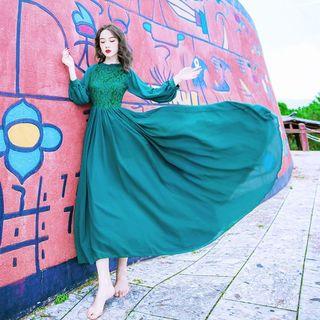 Lace-panel Shirred Midi Dress
