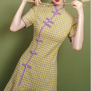 Short-sleeve Plaid Ruffle Hem Mini Qipao
