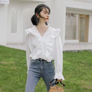 Ruffled Eyelet Panel V-neck Long-sleeve Blouse