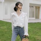 Ruffled Eyelet Panel V-neck Long-sleeve Blouse
