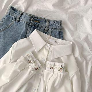 Long-sleeve Floral Embroidered Chiffon Shirt White - One Size