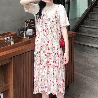 Set: Short-sleeve Crinkled T-shirt + Spaghetti Strap Floral Midi Dress