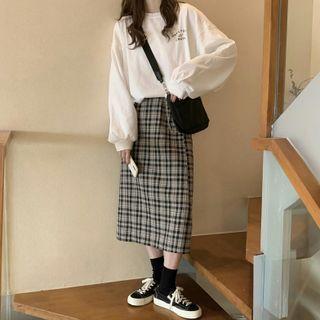 Long-sleeve Lettering T-shirt / Plaid Midi Skirt