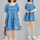 Embroidered Square-neck Dress Blue - F