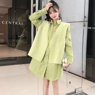 Plain Long-sleeve Shirt Dress / Fluffy Open Front Vest / Set