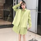 Plain Long-sleeve Shirt Dress / Fluffy Open Front Vest / Set