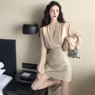 Long-sleeve V-neck Blouse / Mini Pencil Skirt