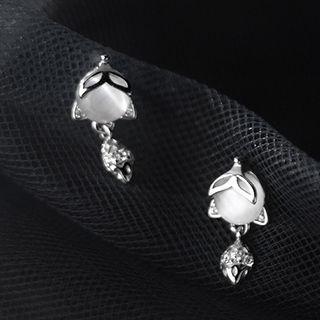 Fox Cat Eye Stone Sterling Silver Earring 1 Pair - Silver - One Size
