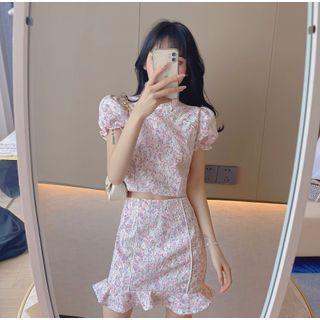 Set: Short-sleeve Floral Print Qipao Top + Mini Mermaid Skirt