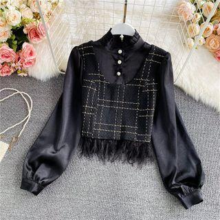 Tweed Panel Stand Collar Long-sleeve Satin Shirt