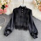 Tweed Panel Stand Collar Long-sleeve Satin Shirt